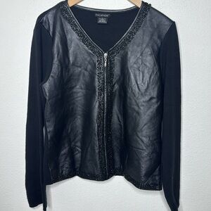 Escapade large black leather & knit zipper cardigan with embellishments